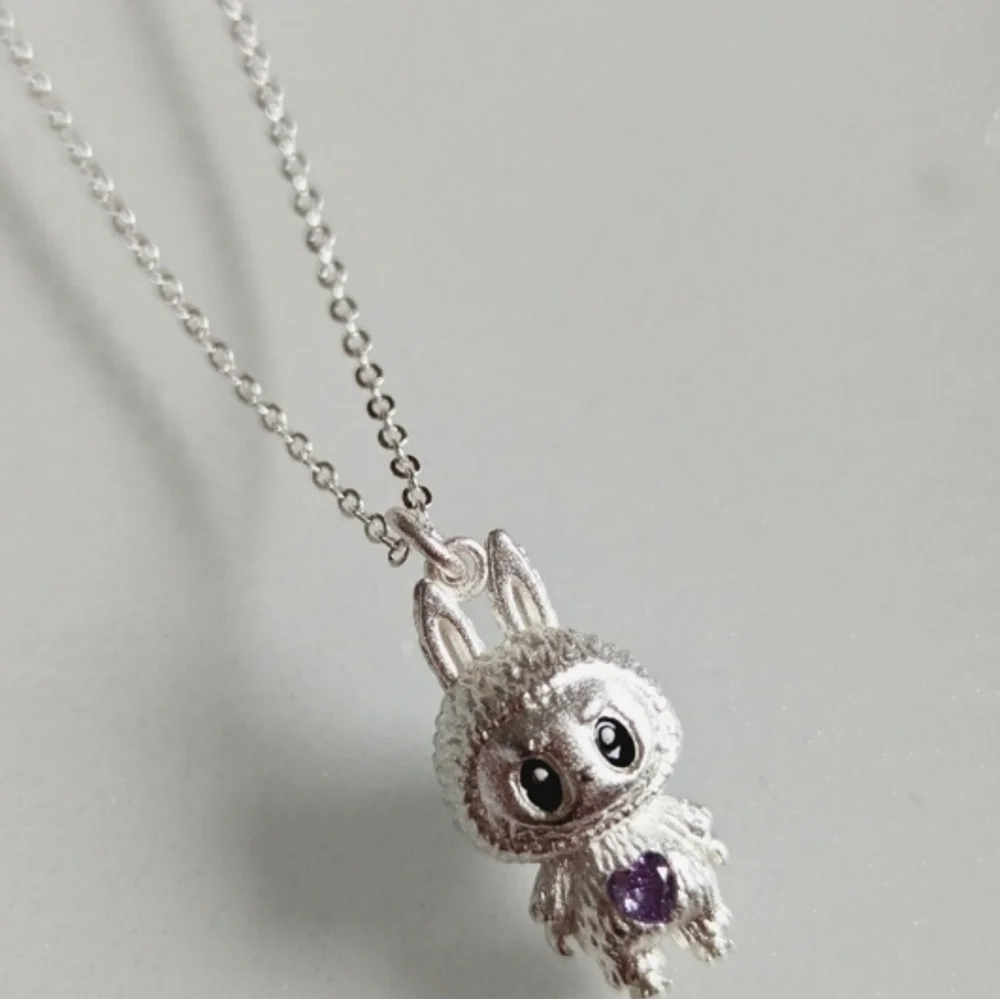 Labubu Inspired 925 Sterling Silver Purple Heart Necklace Artisan Edition